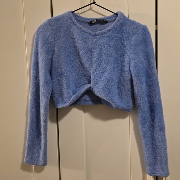 Zara Fuzzy Soft Twist Crop Top Swsater Baby Blue Size S - Picture 2 of 7